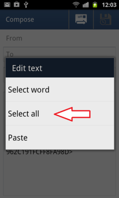 Select text in email client